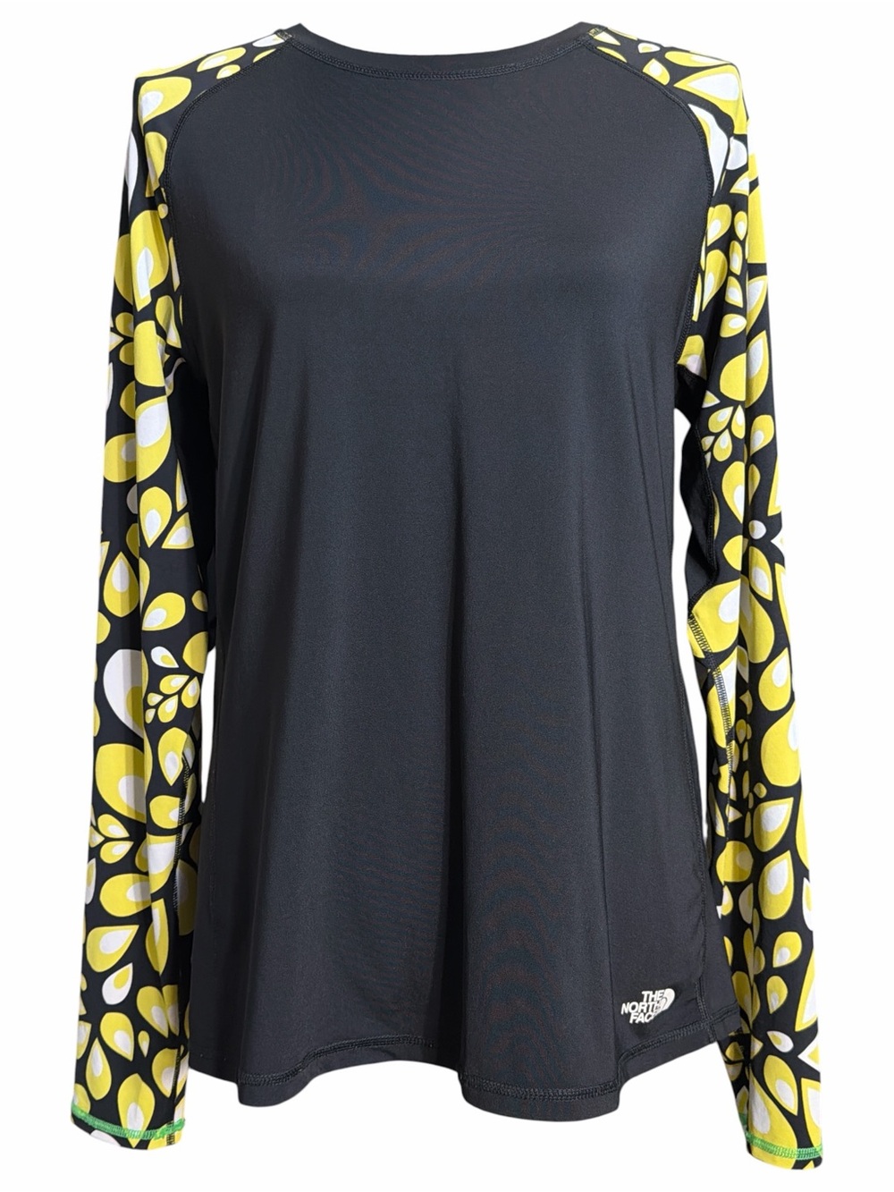 The North Face Black Long-Sleeve Tee with Yellow & White Patterned Sleeves. XL